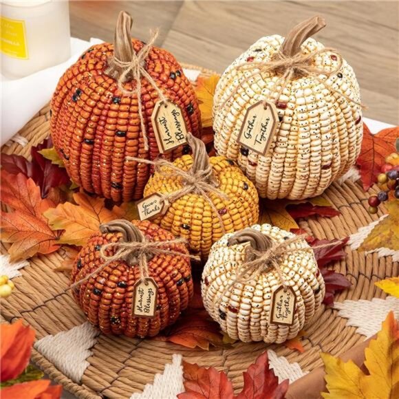 2PCS Decorative Corn Cob Pumpkins Resin Fake Pumpkins Autumn Home Rustic Decor - Picture 6 of 6